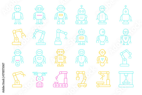 Colorful collection of cute robot illustrations and robotic arms in various styles and designs