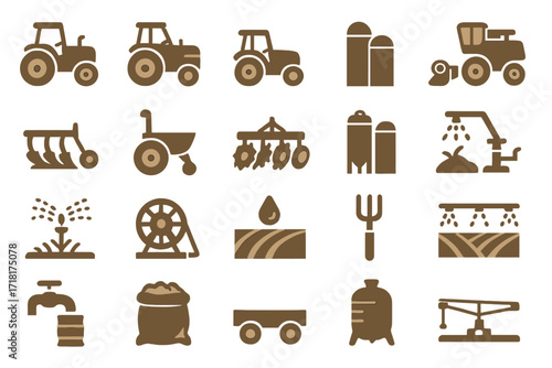 Set of brown agricultural and farming icons including tractors, irrigation systems, silos, tools, and field equipment