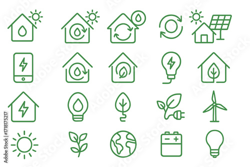Eco-friendly icons representing sustainable energy and green living practices in a modern setting