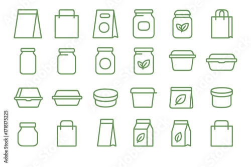 Minimal green line icons of eco-friendly jars, compostable containers, and sustainable packaging bags on soft green gradient
