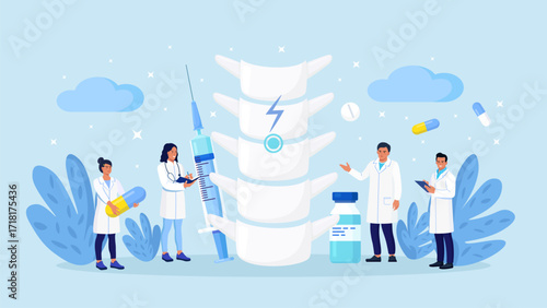 Osteopathic doctor examining patient spine. Spine backbone disease diagnostics. Backache, rheumatism, deformity, vertebral inflammation treatment. Skeletal surgeon. Vertebrologist examine vertebra