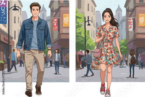 Urban street scene, man in denim jacket, woman in floral dress, city fashion, walking outdoors, lifestyle, people, travel, everyday life