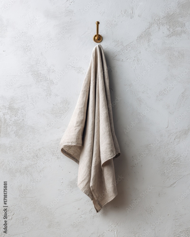 Fototapeta premium Natural linen towel hanging on a vintage brass hook against a textured gray wall.