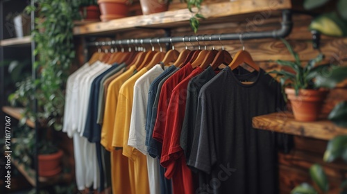 Wallpaper Mural Colorful t shirts hanging on a wooden clothes rack with plants Torontodigital.ca
