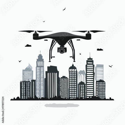 A modern drone with a camera flies over a cityscape with tall buildings.