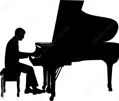 Minimal vector silhouette, pianist seated at grand piano, arms extended to keys silhouette