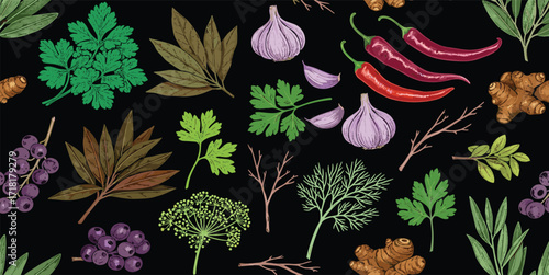 Seamless pattern of fresh kitchen herbs and aromatic spices. Botanical illustration of parsley, garlic, peppers, and ginger for healthy cooking