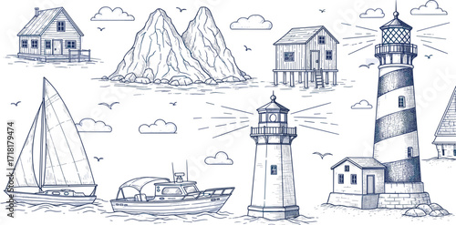 Hand-drawn nautical sketch collection featuring lighthouses, sailboats, and coastal houses in a seamless marine pattern