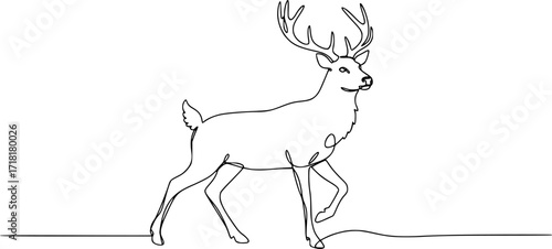 One continuous line drawing of christmas reindeer. Wild animal deer with antlers is dynamic silhouette in simple linear style. Elegance logo editable stroke. Doodle vector illustration