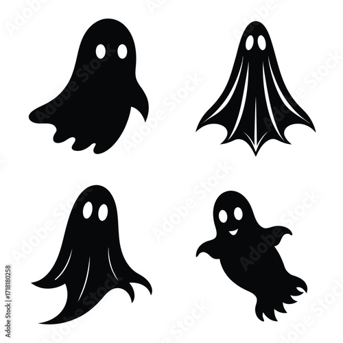 Four Black Silhouette Ghosts with White Eyes on White Background