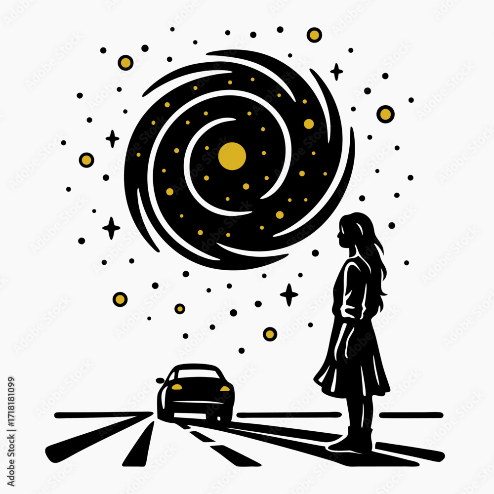 Fototapeta premium A lone traveler stands beside a quiet car, staring at a swirling galaxy that blooms above the road like a doorway, as if the night unscrewed a lid and invited them to step into its turning light.
