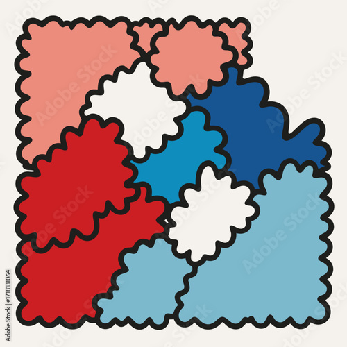 Soft-edged quilt squares interlock in coral, cream, blue, and red; a playful patchwork tile that feels hand-cut and comforting, like a keepsake cushion stitched from many summers.