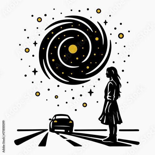 A lone traveler stands beside a quiet car, staring at a swirling galaxy that blooms above the road like a doorway, as if the night unscrewed a lid and invited them to step into its turning light.
