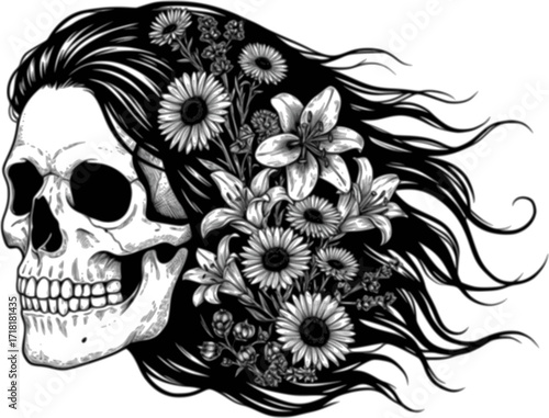 Female Skull with Flowers and Long Hair
