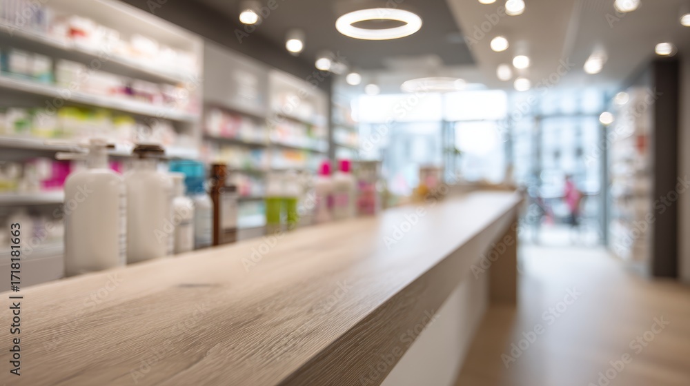 Fototapeta premium White laminate tabletop with soft focus pharmacy interior. Healthcare environment