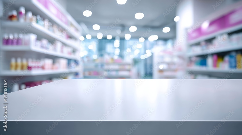 Fototapeta premium White laminate tabletop with soft focus pharmacy interior. Healthcare environment