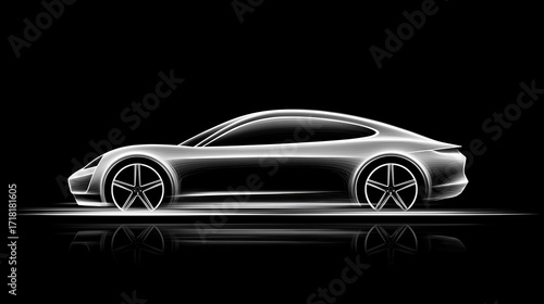 Silhouette of a sports car on a black background with brightly illuminated contours.