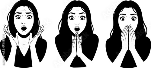 Set of three drawings with woman looking surprised
