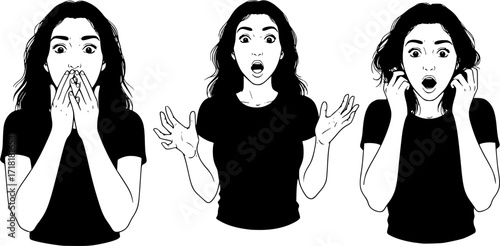 Set of three drawings with woman looking surprised

