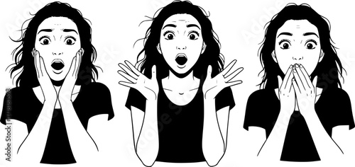 Set of three drawings with woman looking surprised
