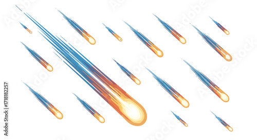 Illustration of many falling comets with bright tails streaking diagonally across a white background scene