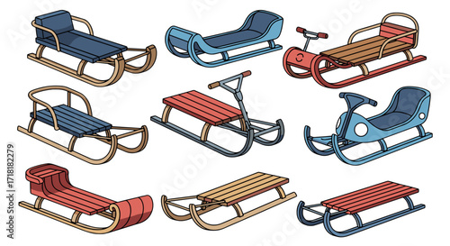 Collection of nine cartoon styled sleds with different designs and color schemes on a white background