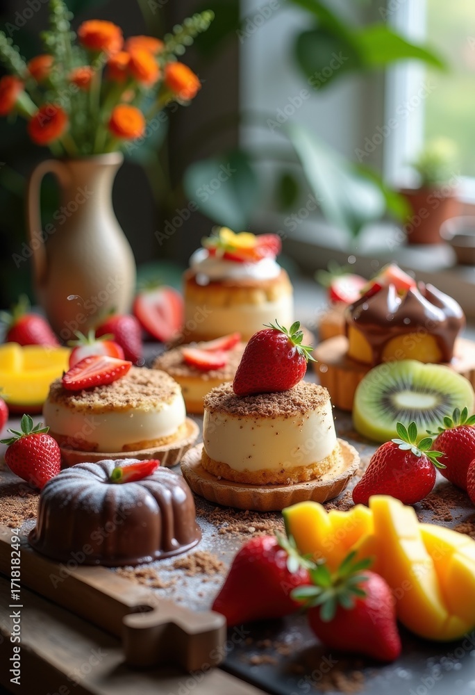 Obraz premium Mouthwatering Dessert Spread Delicious Seasonal Fruits Colorful Treats Sweet Indulgence Vibrant Display Fresh Natural Delights