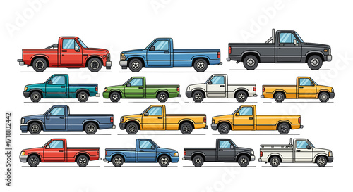 Collection of vintage pickup trucks in various colors displayed in a neat and organized arrangement