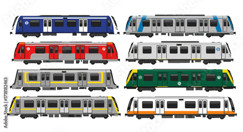 Collection of eight different colored subway train cars in a grid pattern on a white background