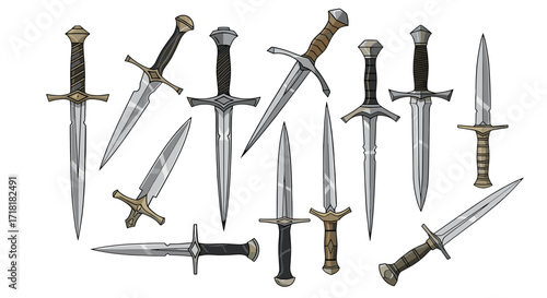 Collection of various medieval swords and daggers with different hilt and blade designs displayed together
