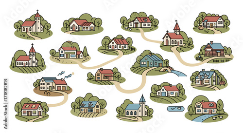 Illustration of a whimsical village map with houses churches and winding paths connecting each location