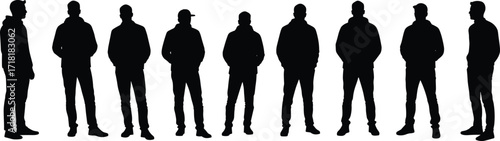 Silhouettes of diverse men standing in a group, wearing hoodies and casual jackets, representing urban street style and youth culture