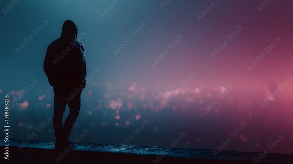 Fototapeta premium A lone hooded figure stands on the edge of a rooftop gazing at a foggy illuminated city skyline under a moody atmospheric sky