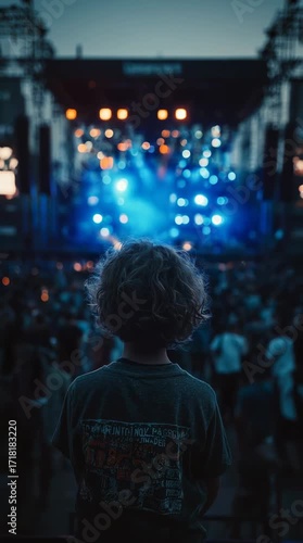 vibrant concert crowd experience A boy watches a vibrant music festival, captivated by colorful lights and energetic crowd movements.