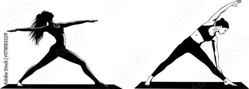 Woman training yoga on mat, black and white drawing
