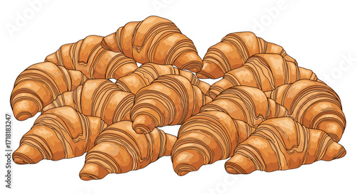 Illustration showing a large group of golden brown croissants stacked closely together on a white background