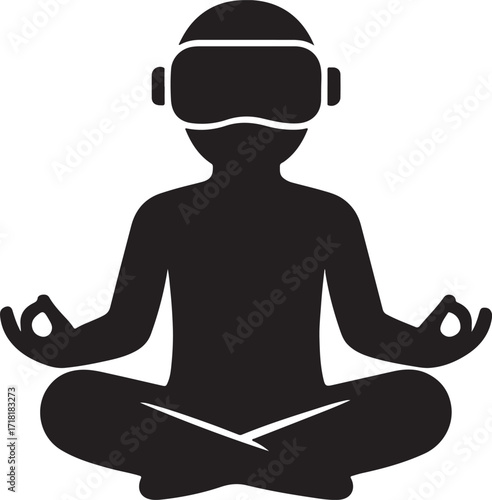 Meditating Person Silhouette Wearing VR Headset for Virtual Reality Wellness Therapy Vector
