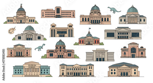 Collection of various architectural building designs including museums and government buildings in a grid layout