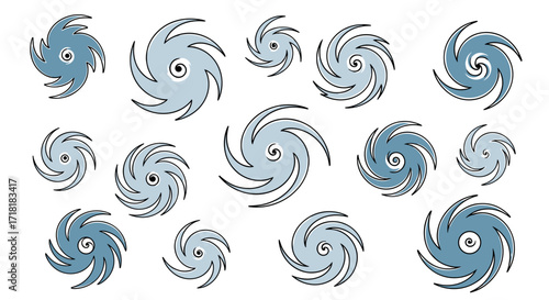 Collection of cartoon style hurricanes in varying sizes and shades of blue on a white background