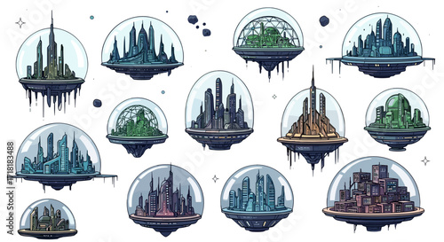 Illustration of futuristic cities encapsulated in protective domes floating in space environment concept