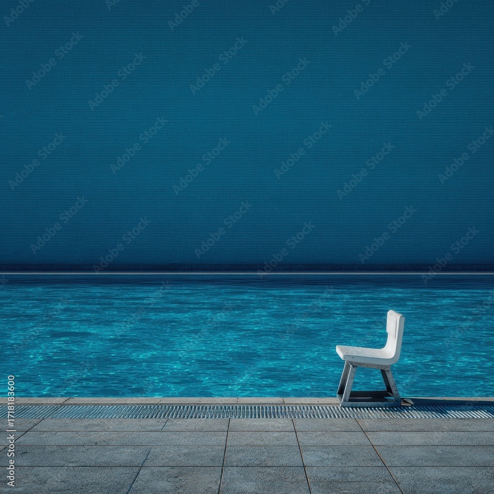 Fototapeta premium Minimalist Pool Scene: White Chair, Blue Water, Empty Space.
