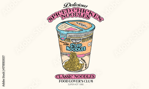 Delicious and spicy chicken noodles. Noodles artwork for t shirt print, poster, sticker and other uses. Cup noodles t shirt design.