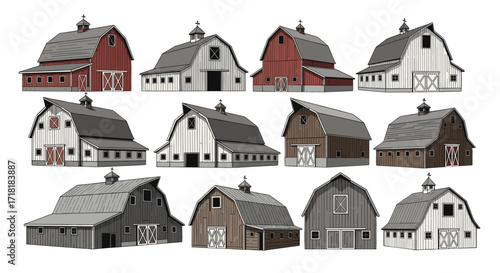 Collection of twelve barn illustrations in various colors and architectural styles on white background