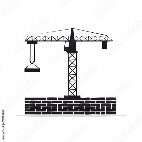 Illustration of a construction crane lifting a concrete block over a brick wall.