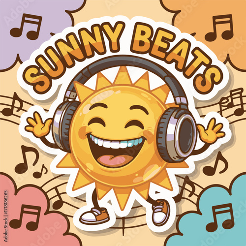Cheerful cartoon sun character with headphones dancing to music notes happy