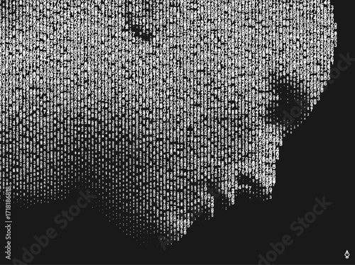 A face emerging through a cascading digital code matrix. Looking down. Concept of digitalization and artificial intelligence. Illustration for a brochure, poster, presentation, flyer, or banner.