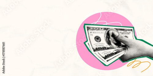 Hand holding dollar bills in retro halftone collage. Vintage pop art style vector illustration for finance, economy, and business. Savings, payment, and money concept mixed media design