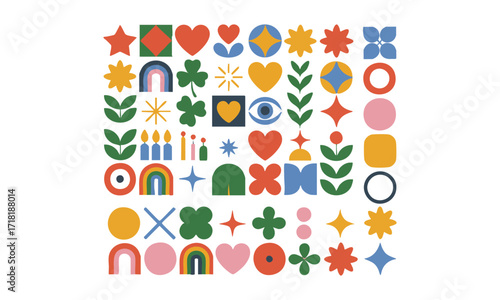 Vibrant Geometric Symbol Grid, Flat Vector Icon Set on White, Bright brutal contemporary icons. Various geometric figures.easily editable and scalable.