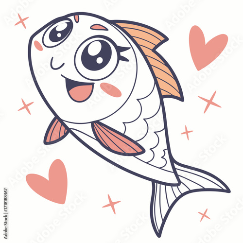 Happy, cute cartoon baby blue fish character with a funny smile and a tooth for a dental logo or graphic art
