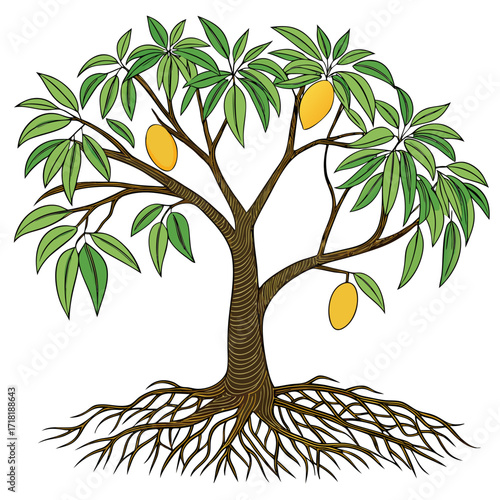 A colorful vector illustration of a fruitful orange tree with lush green leaves and branches captures the essence of summer